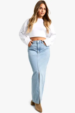 Boohoo Womens Petite Split Front Denim Midaxi Skirt