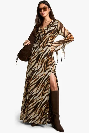 Boohoo Womens Zebra Ruffle Tie Sleeve Belted Chiffon Maxi Dress