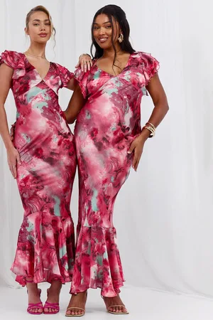 Boohoo Womens Plus Marble Satin Ruffle Sleeve Maxi Dress