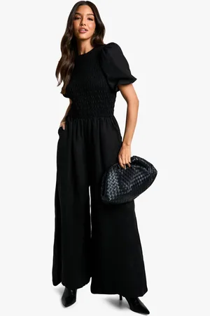 Boohoo Womens Puff Sleeve Shirred Jumpsuit