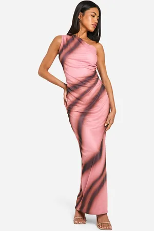 Boohoo Womens One Shoulder Abstract Printed Mesh Maxi Dress