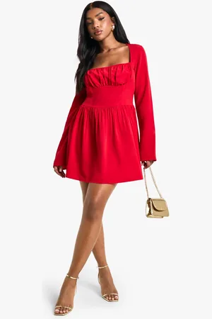 Boohoo Womens Textured Long Sleeve Milkmaid Mini Dress