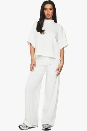 Boohoo Womens Rib Oversized Short Sleeve Top and Wide Leg Trouser Set