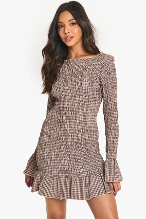 Boohoo Womens Check Shirred Long Sleeve Mini Dress