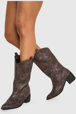 Boohoo Womens Wide Fit Vintage Look Tab Detail Ankle Cowboy Western Boots