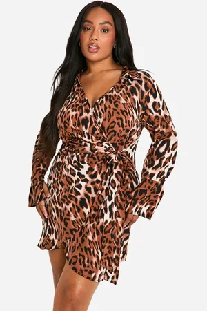 Boohoo Womens Plus Print Wrap Shirt Dress