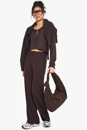 Boohoo Womens Rib Tie Front Long Sleeve Top and Drawstring Straight Leg Trouser Set