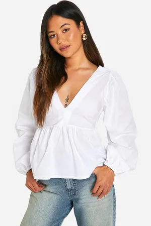 Boohoo Womens Tie Back Balloon Sleeve Poplin Peplum Smock Top