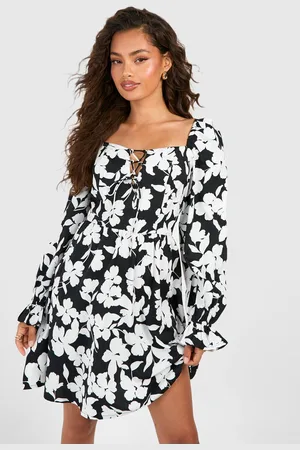 Boohoo Womens Floral Tie Front Smock Dress