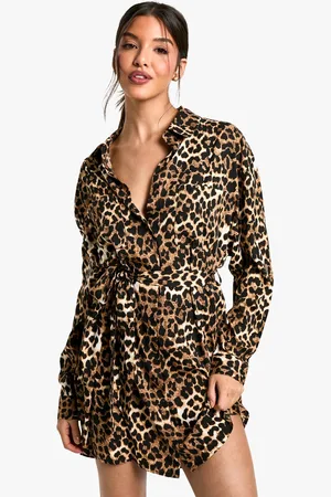 Boohoo Womens Leopard Batwing Belted Shirt Dress