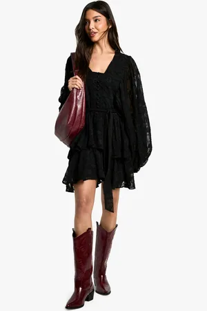 Boohoo Womens Burnout Paisley Tiered Belted Skater Dress