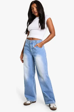 Boohoo Womens Adjustable Waistband Faded Wide Leg Jeans