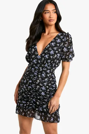 Boohoo Womens Petite Floral Ruched Mini Dress