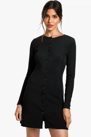 Boohoo Womens Ribbed Button Down Smock Mini Dress