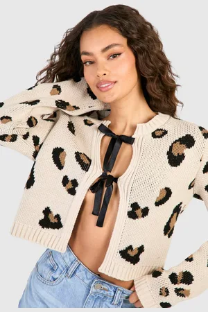 Boohoo Womens Leopard Print Knitted Bow Detail Cardigan