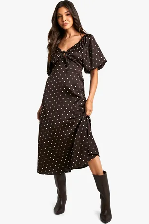 Boohoo Womens Polka Dot Satin Puff Sleeve Midaxi Dress