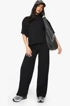Boohoo Womens Rib Oversized Short Sleeve Top and Wide Leg Trouser Set