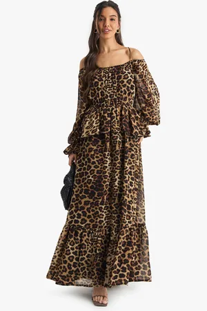 Boohoo Womens Leopard Chiffon Cold Shoulder Ruffle Maxi Dress
