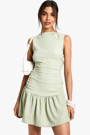 Boohoo Womens Textured Slash Neck Drop Waist Mini Dress