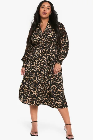 Boohoo Womens PLUS PRINT BELTED SKATER DRESS