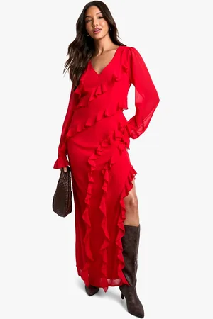 Boohoo Womens Ruffle Long Sleeve Chiffon Maxi Dress