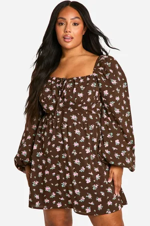 Boohoo Womens Plus Floral Balloon Sleeve Milkmaid Skater Dress