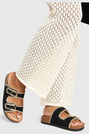 Boohoo Womens Contrast Stitch Detail Double Buckle Sliders