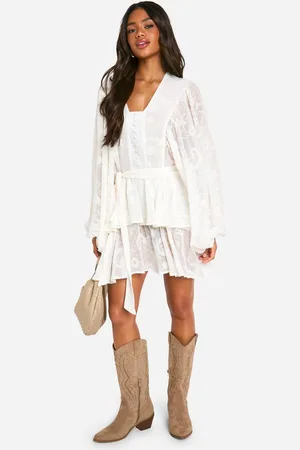 Boohoo Womens Floral Jacquard Tiered Belted Skater Dress