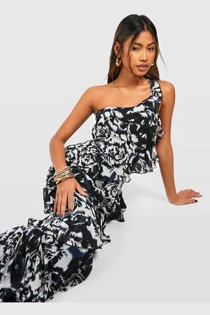 Boohoo Womens Chiffon Printed One Shoulder Maxi Dress