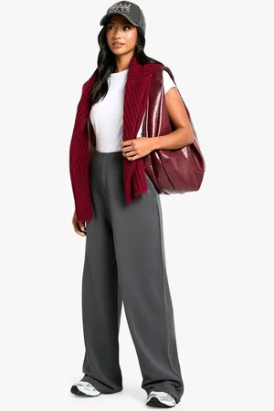Boohoo Womens Petite High Waisted Stretch Wide Leg Trousers