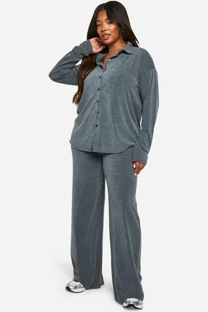 Boohoo Womens Plus Two Tone Rib Top & Wide Leg Trouser Co Ord