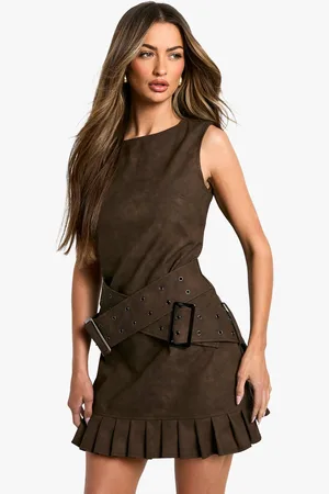 Boohoo Womens Faux Leather Double Belt Mini Dress