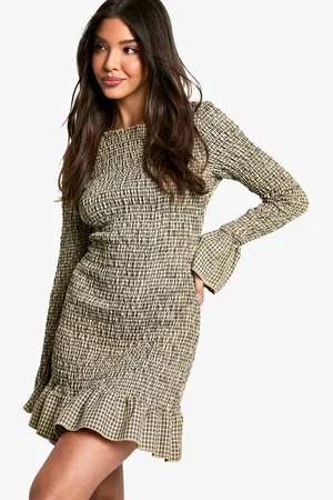 Boohoo Womens Check Shirred Long Sleeve Mini Dress