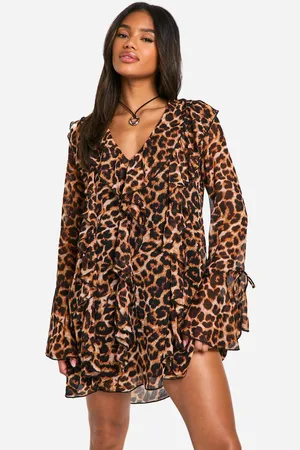 Boohoo Womens Leopard Ruffle Shift Dress