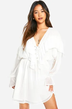 Boohoo Womens Crinkle Chiffon Ruffle Long Sleeve Mini Dress