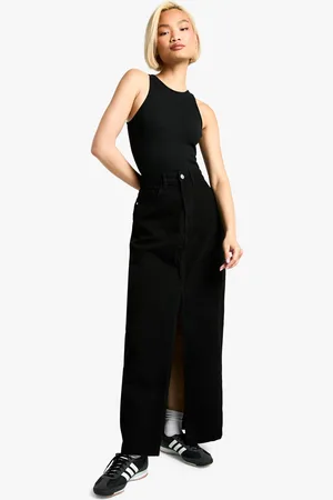 Boohoo Womens Basic Split Front Denim Maxi Skirt