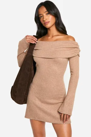 Boohoo Womens Petite Brushed Rib Foldover Bardot Mini Dress