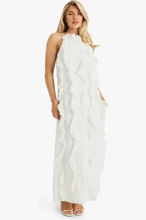 Boohoo Womens Chiffon Halterneck Ruffle Maxi Dress