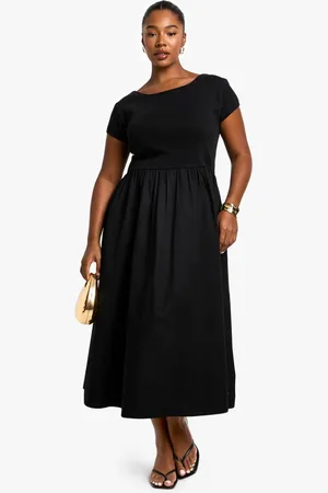 Boohoo Womens Plus Rib Cotton Poplin Short Sleeve Smock Dress
