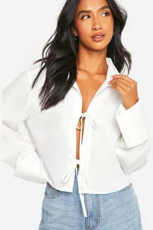 Boohoo Womens Petite Turn Up Cuff Tie Front Shirt