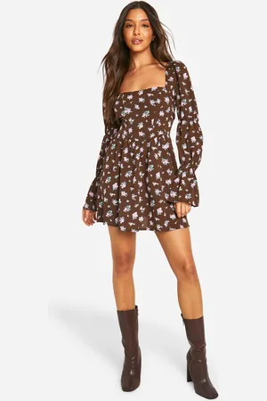 Boohoo Womens Corset Floral Print Puff Sleeve Milkmaid Skater Dress