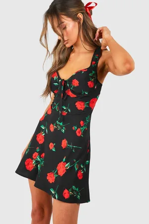 Boohoo Womens Rose Print Satin Slip Mini Dress