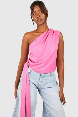 Boohoo Womens Linen Look Asymmetric Ruched Blouse