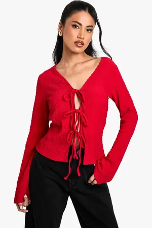 Boohoo Womens Textured Tie Front Long Sleeve Top