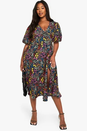 Boohoo Womens Plus Floral Print Midi Smock Dress