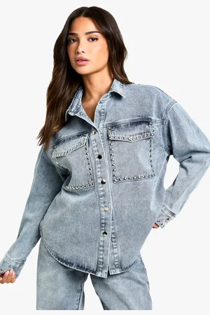 Boohoo Womens Petite Stud Detail Denim Oversized Shirt