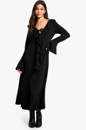 Boohoo Womens Textured Ruffle Long Sleeve Midaxi Dress