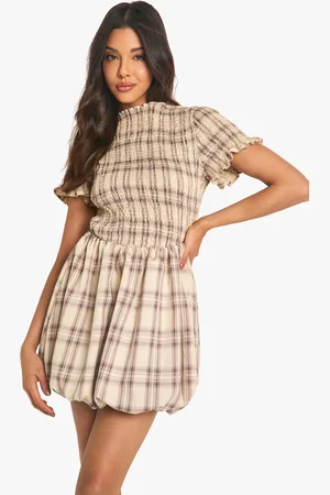 Boohoo Womens Check Shirred Short Sleeve Puff Sleeve Mini Dress