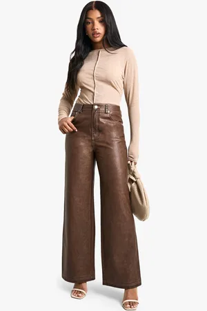 Boohoo Womens Vintage Look Wide Leg Faux Leather Trouser