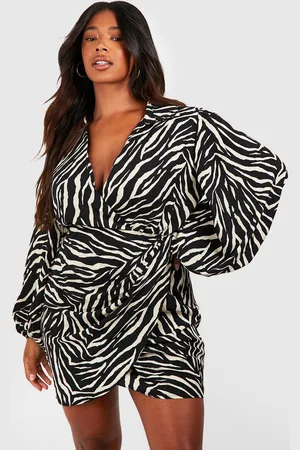 Boohoo Womens Plus Zebra Print Blouson Sleeve Wrap Dress
